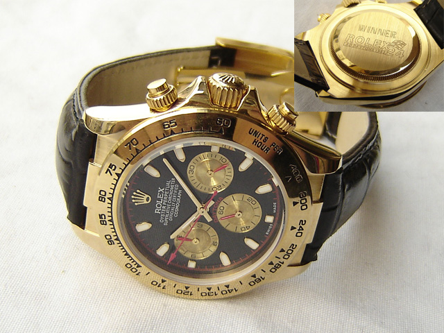 Replica Rolex DAYTONA GOLD-LEATHER BLACK DIAL